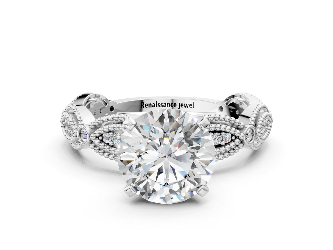 White gold Round Solitaire Milgrain Diamond Engagement Ring with Bezel and Marquise Band_151