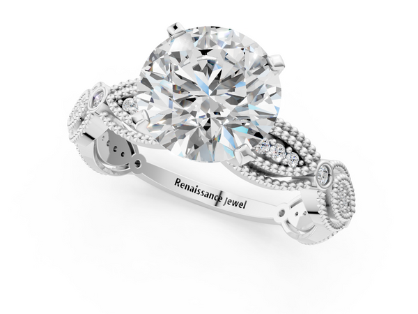 White gold Round Solitaire Milgrain Diamond Engagement Ring with Bezel and Marquise Band
