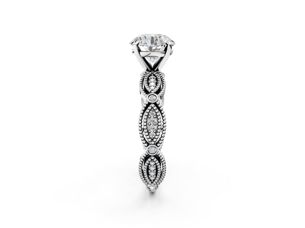 White gold Round Solitaire Milgrain Diamond Engagement Ring with Bezel and Marquise Band