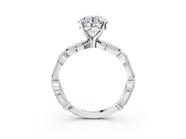 White gold Round Solitaire Milgrain Diamond Engagement Ring with Bezel and Marquise Band