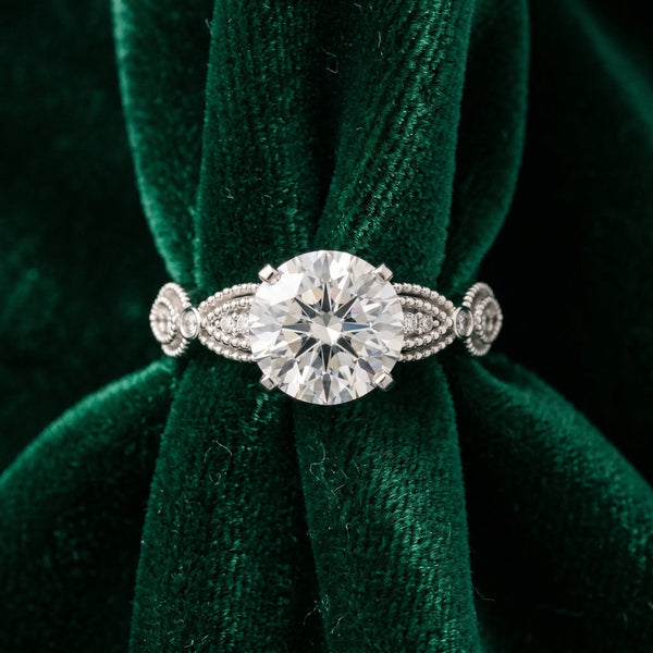 White gold Round Solitaire Milgrain Diamond Engagement Ring with Bezel and Marquise Band