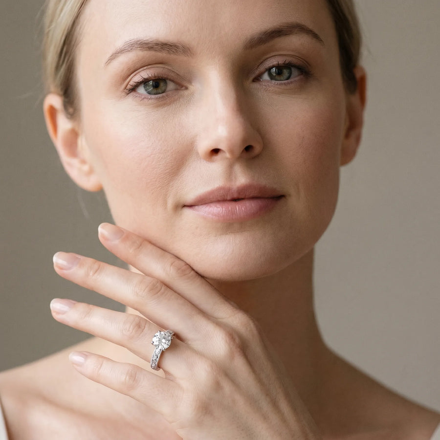 White gold Round Solitaire Milgrain Engagement Ring with Filigree Band and Four-Prong Setting