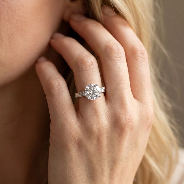 White gold Round Solitaire Milgrain Engagement Ring with Filigree Band and Four-Prong Setting