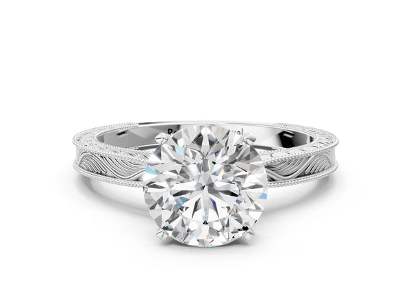 White gold Round Solitaire Milgrain Engraved Band with Four-Prong Setting