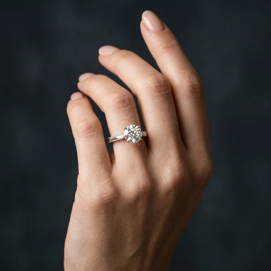 White gold Round Solitaire Milgrain Engraved Band with Four-Prong Setting