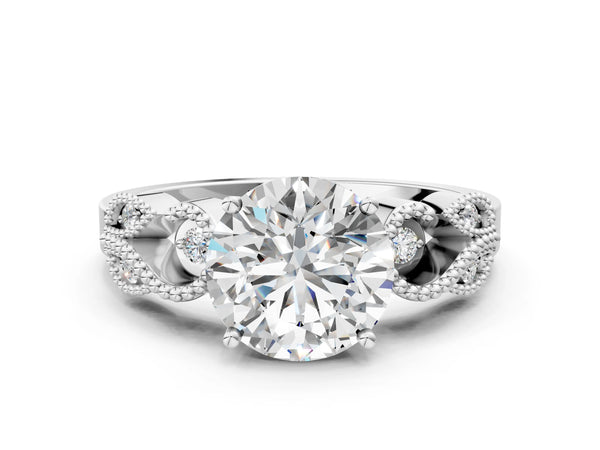 White gold Round Solitaire Milgrain Leaf Band with Prong Setting