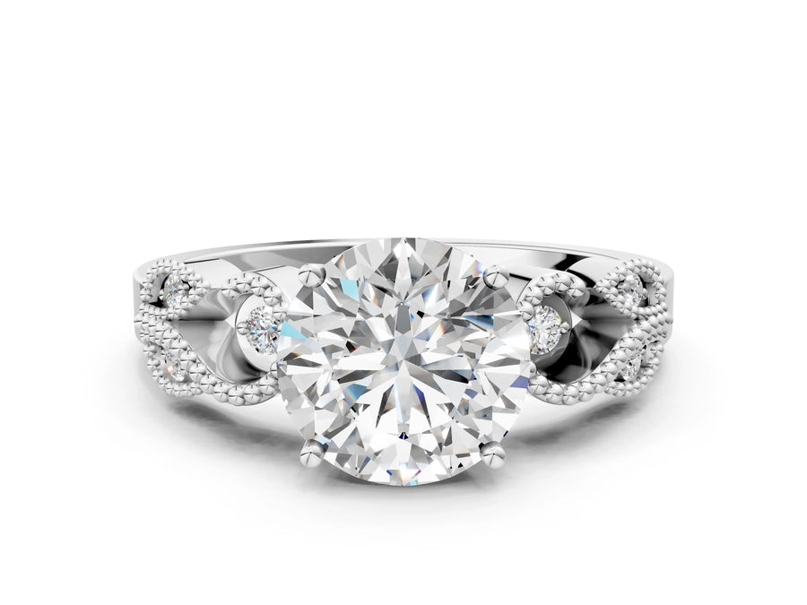 White gold Round Solitaire Milgrain Leaf Band with Prong Setting