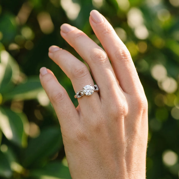 White gold Round Solitaire Milgrain Leaf Band with Prong Setting