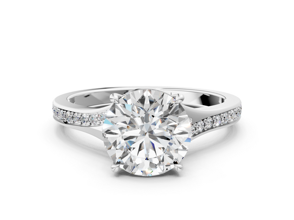White gold Round Cut Diamond Solitaire Ring with Pavé Band and Prong Setting