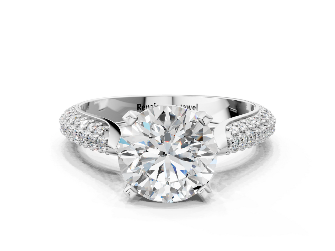 White gold Round Solitaire Pavé Diamond Engagement Ring with Four-Prong Setting_155