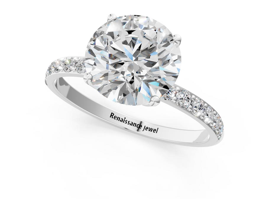 White gold Round Solitaire Pavé Diamond Engagement Ring with Four-Prong Setting