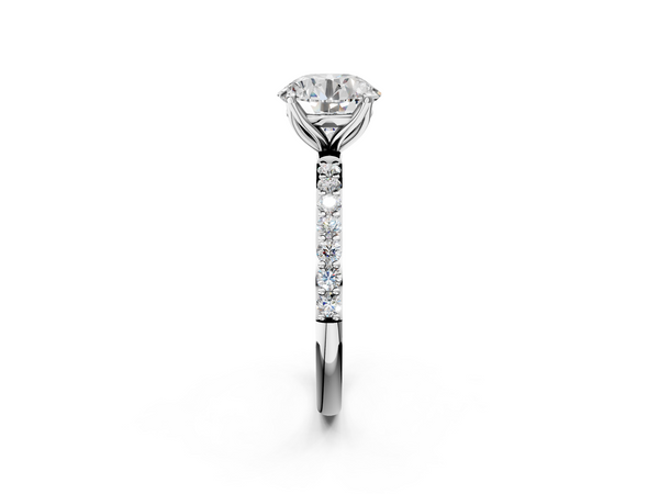10K White Gold 2.01 Carat E VS1 Round Diamond Solitaire Engagement Ring with Pavé Band and Prong Setting