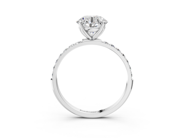 10K White Gold 2.01 Carat E VS1 Round Diamond Solitaire Engagement Ring with Pavé Band and Prong Setting