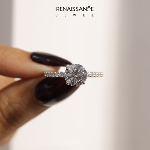 Silver 0.30 Carat D VVS2 Round Diamond Solitaire Engagement Ring with Round  Pavé Band and Prong Setting