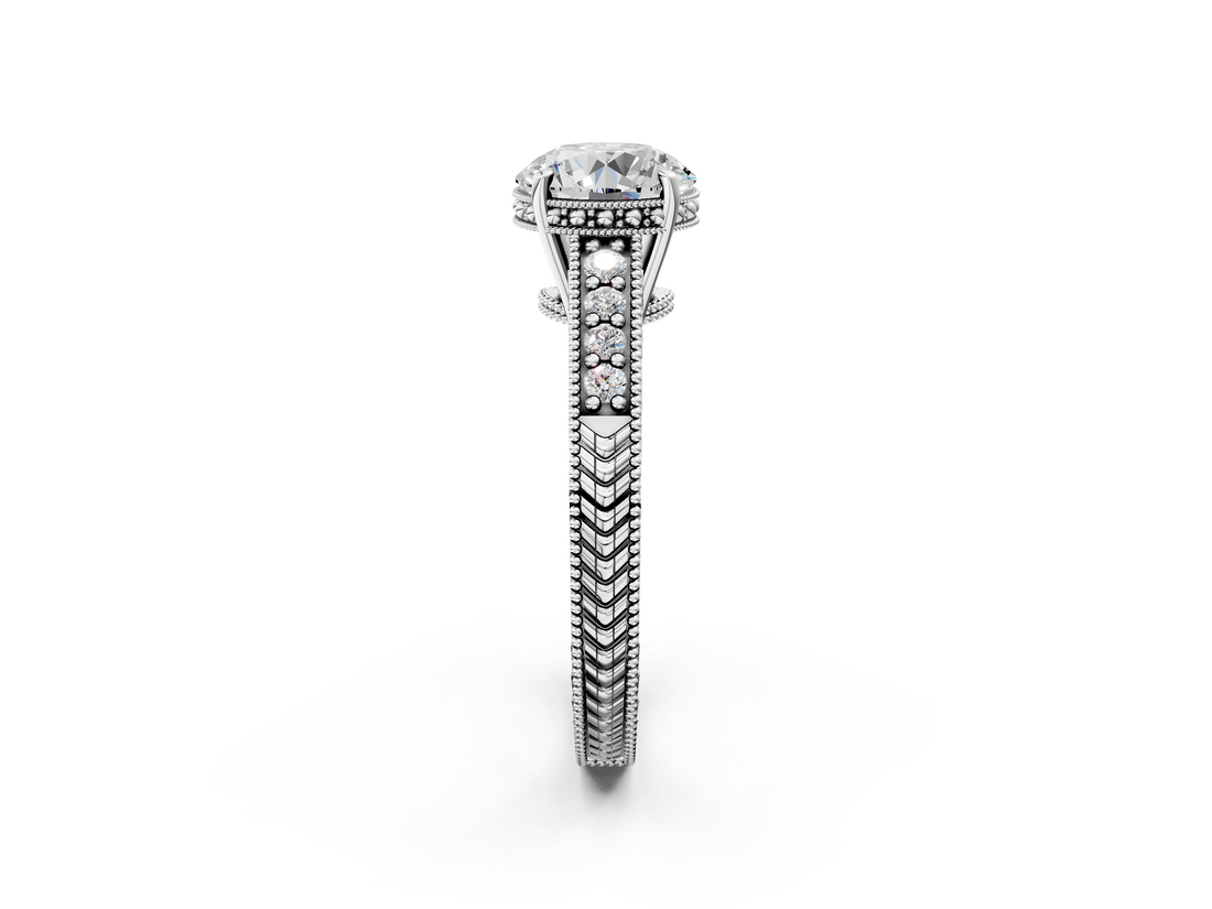 White gold Round Solitaire Pavé Diamond Milgrain Engagement Ring with Four-Prong Setting_21
