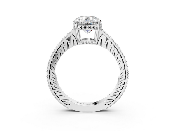 White gold Round Solitaire Pavé Diamond Milgrain Engagement Ring with Four-Prong Setting