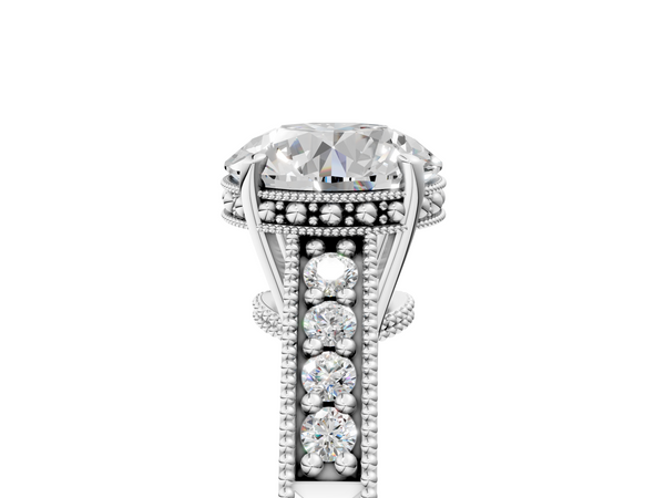 White gold Round Solitaire Pavé Diamond Milgrain Engagement Ring with Four-Prong Setting