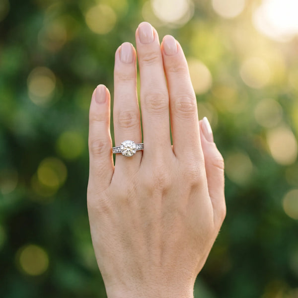 White gold Round Solitaire Pavé Diamond Milgrain Engagement Ring with Four-Prong Setting