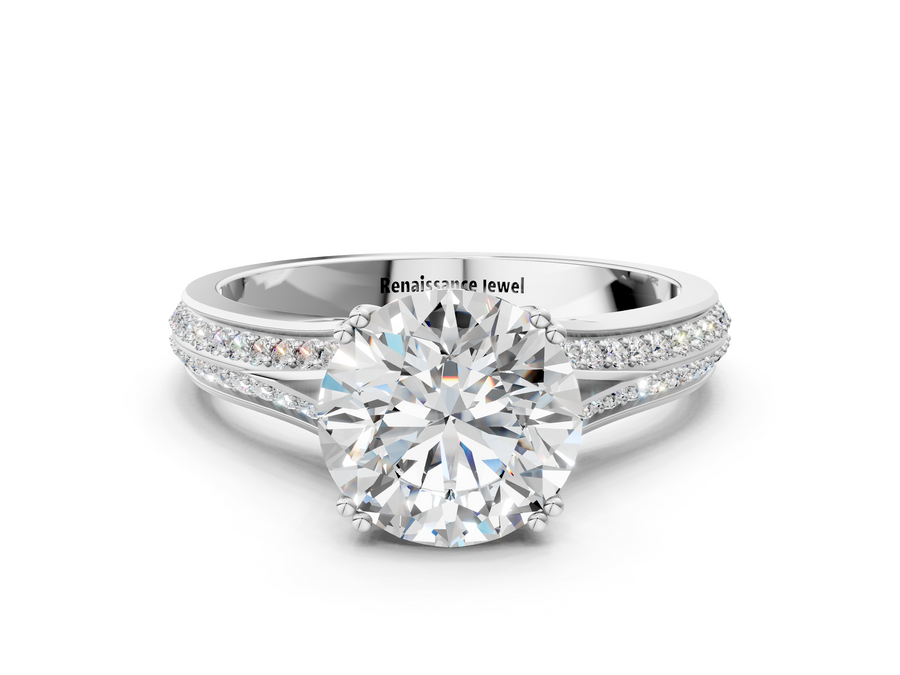 White gold Round Cut Diamond Split Shank Engagement Ring with Pavé Band