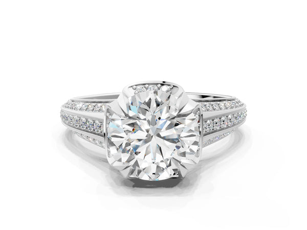 White gold Round Solitaire Pave Split Shank Ring with Four-Prong Setting