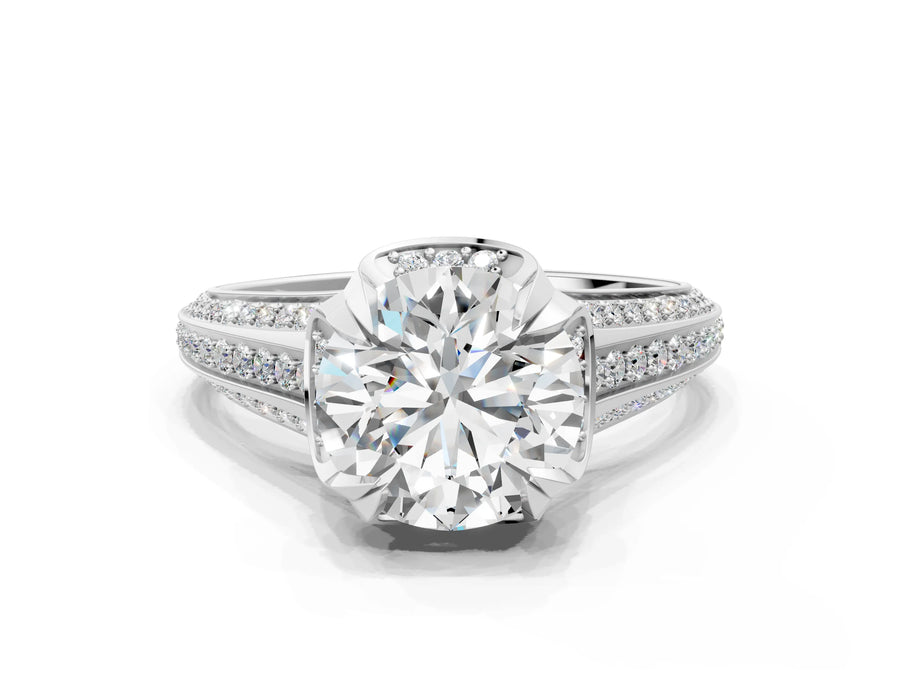White gold Round Solitaire Pave Split Shank Ring with Four-Prong Setting