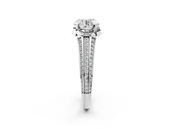 White gold Round Solitaire Pave Split Shank Ring with Four-Prong Setting