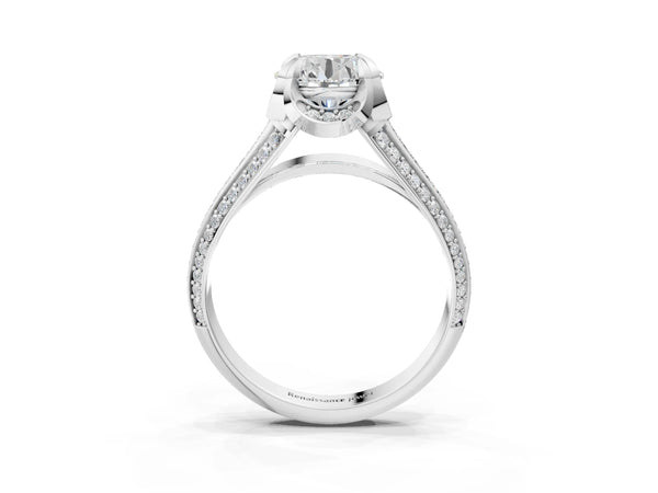 White gold Round Solitaire Pave Split Shank Ring with Four-Prong Setting