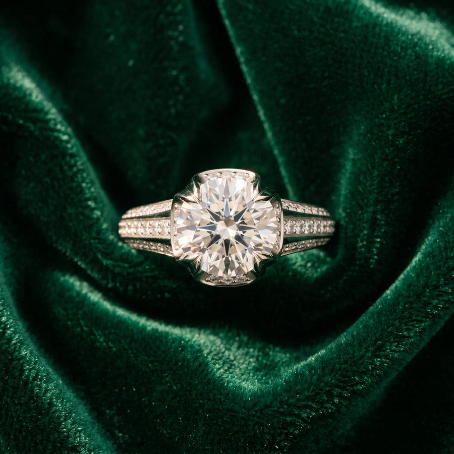 White gold Round Solitaire Pave Split Shank Ring with Four-Prong Setting