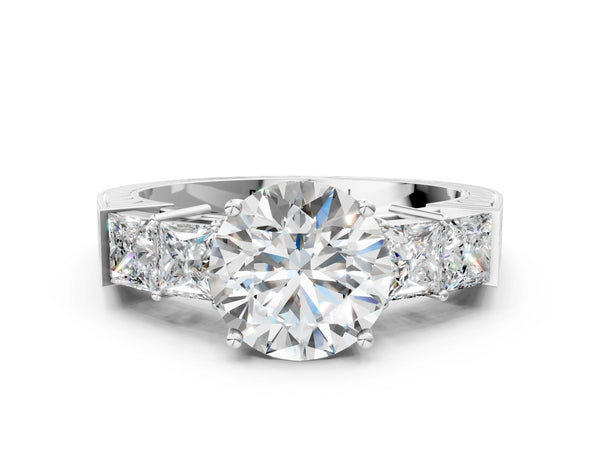 White gold Round Solitaire Princess Side Stone Engraved Band Prong Setting Ring