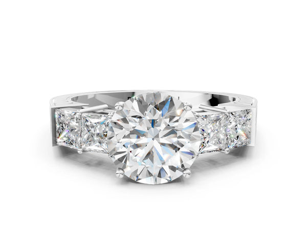 White gold Round Solitaire Princess Side Stone Engraved Band Prong Setting Ring
