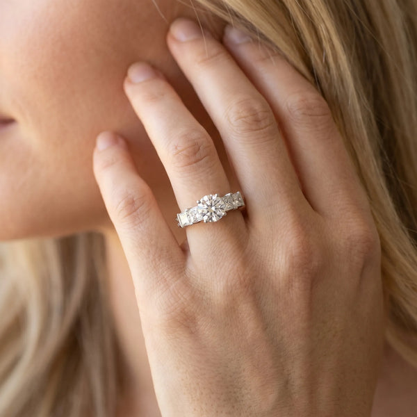 White gold Round Solitaire Princess Side Stone Engraved Band Prong Setting Ring