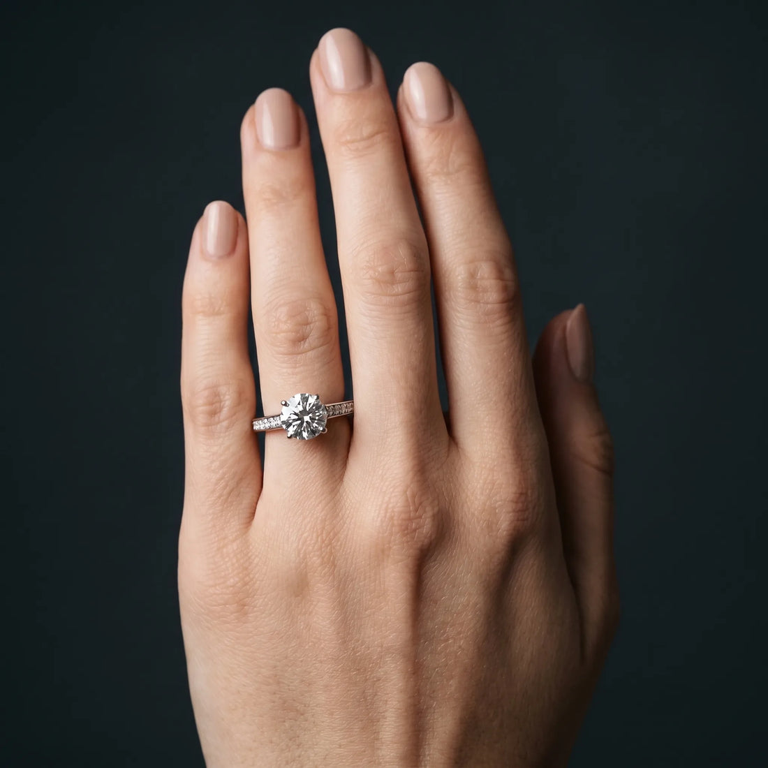 White gold Round Solitaire Prong Set Diamond Engagement Ring with Pave Band_6