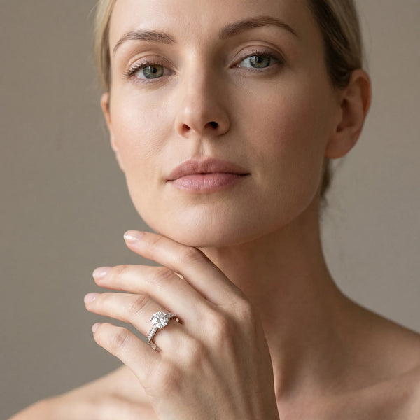 White gold Round Solitaire Prong Set Diamond Engagement Ring with Pave Band