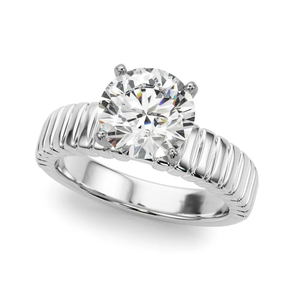 White gold Round Solitaire Ribbed Band with Four-Prong Setting