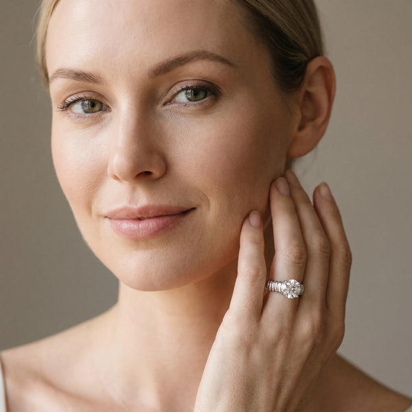 White gold Round Solitaire Ribbed Band with Four-Prong Setting