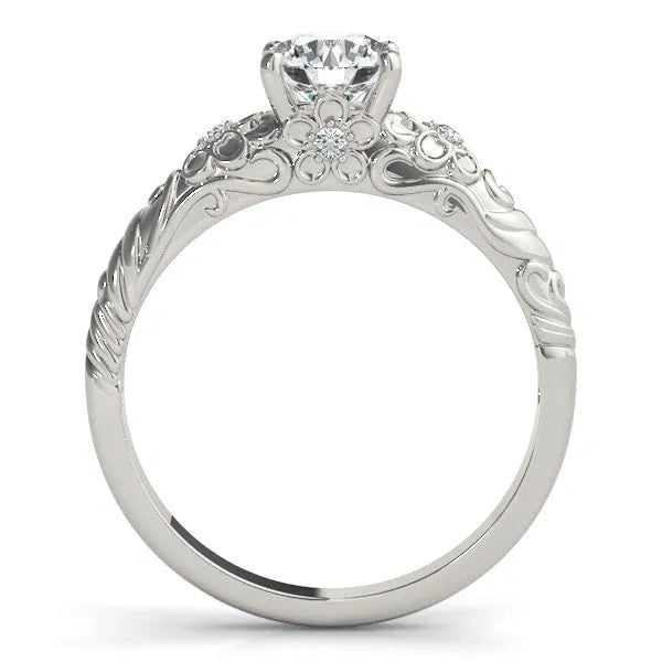 White gold Round Solitaire Scrollwork Engagement Ring with Side Stones and Four-Prong Setting