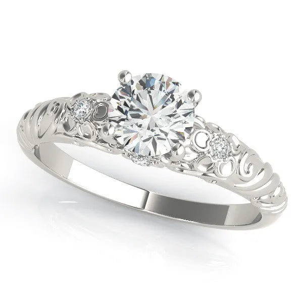 White gold Round Solitaire Scrollwork Engagement Ring with Side Stones and Four-Prong Setting