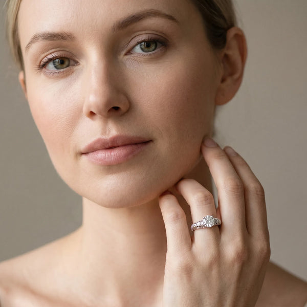 White gold Round Solitaire Scrollwork Engagement Ring with Side Stones and Four-Prong Setting