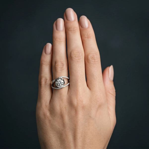 White gold Round Solitaire Split Shank Halo Prong Ring