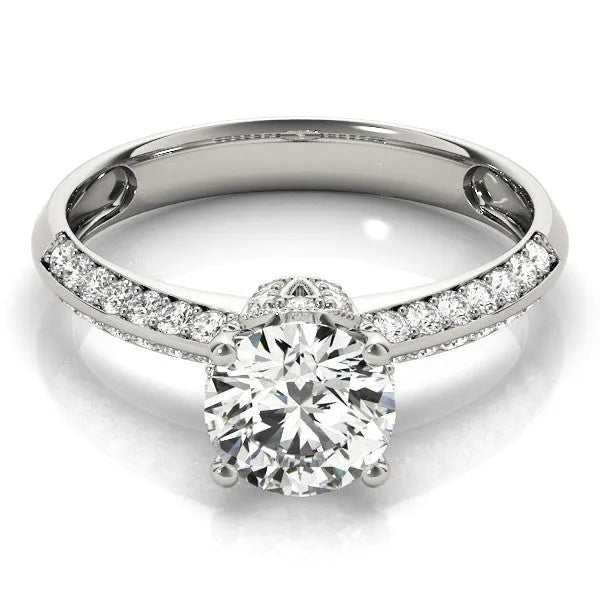 White gold Round Solitaire Split Shank Pave Diamond Engagement Ring with Four-Prong Setting 1