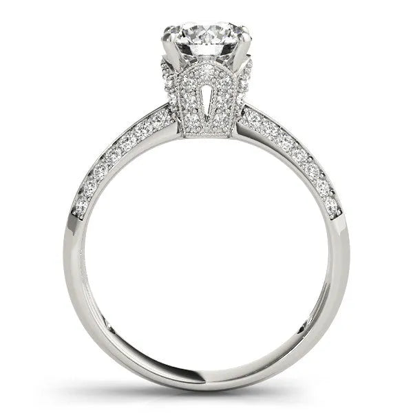 White gold Round Solitaire Split Shank Pave Diamond Engagement Ring with Four-Prong Setting