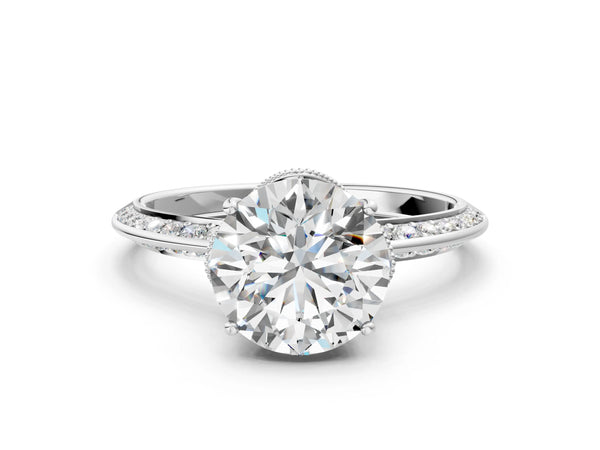 White gold Round Solitaire Split Shank Pave Diamond Engagement Ring with Four-Prong Setting