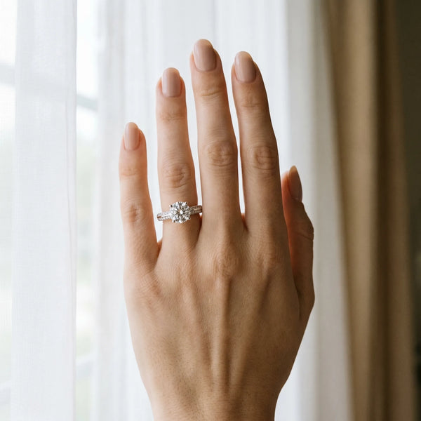 White gold Round Solitaire Split Shank Pave Diamond Engagement Ring with Four-Prong Setting