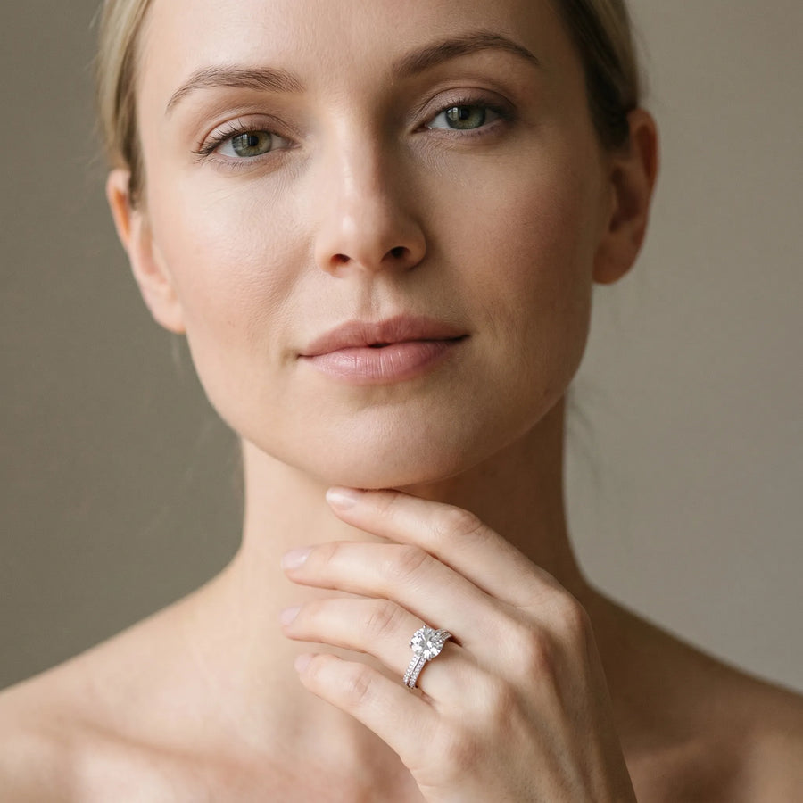 White gold Round Solitaire Split Shank Pave Diamond Engagement Ring with Four-Prong Setting