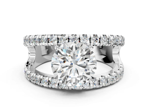 Platinum Round Split Shank Solitaire Engagement Ring Setting with Wide-Open Pave Strands