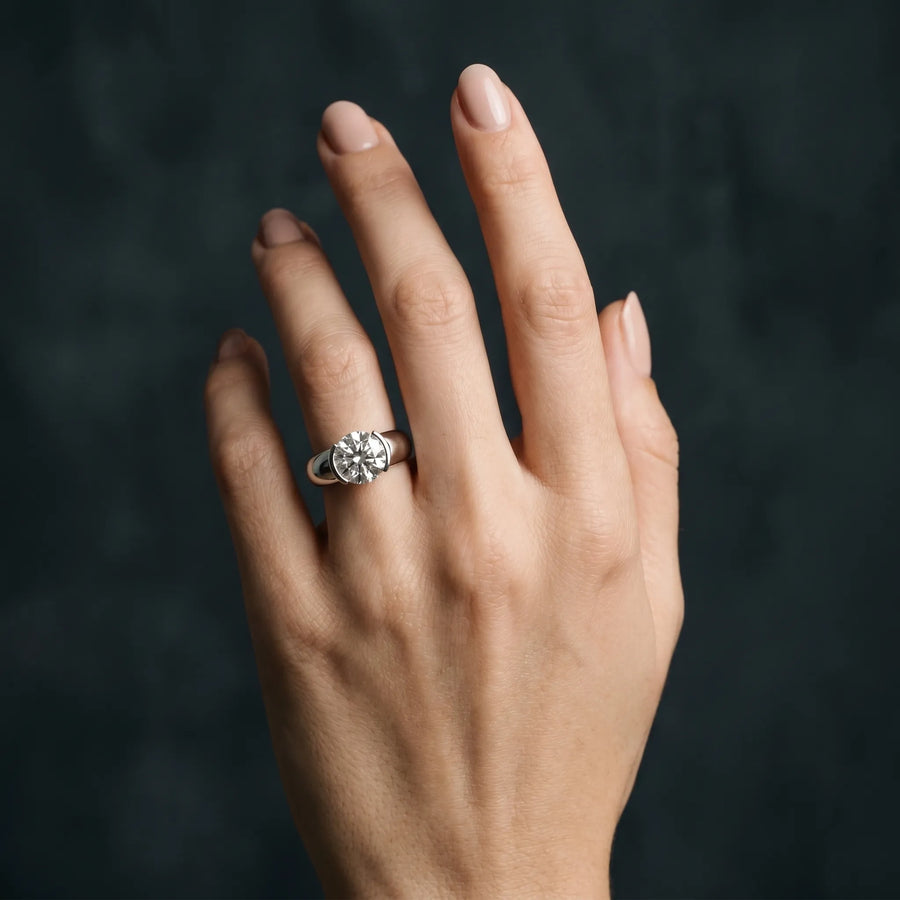 White gold Round Solitaire Tension Set Diamond Ring with Wide Band