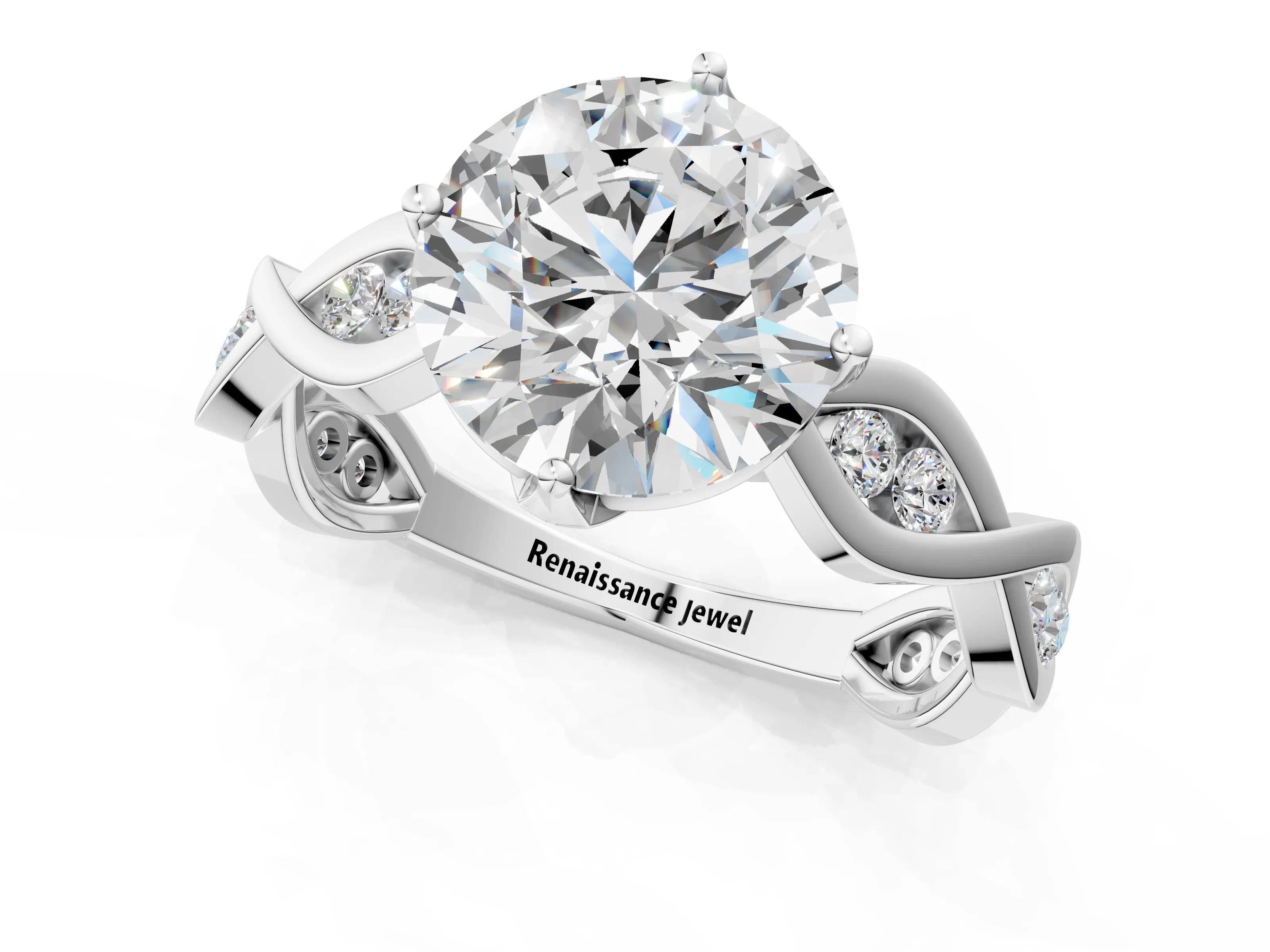 White gold Round Solitaire Twist Band with Leaf Prong Setting 2