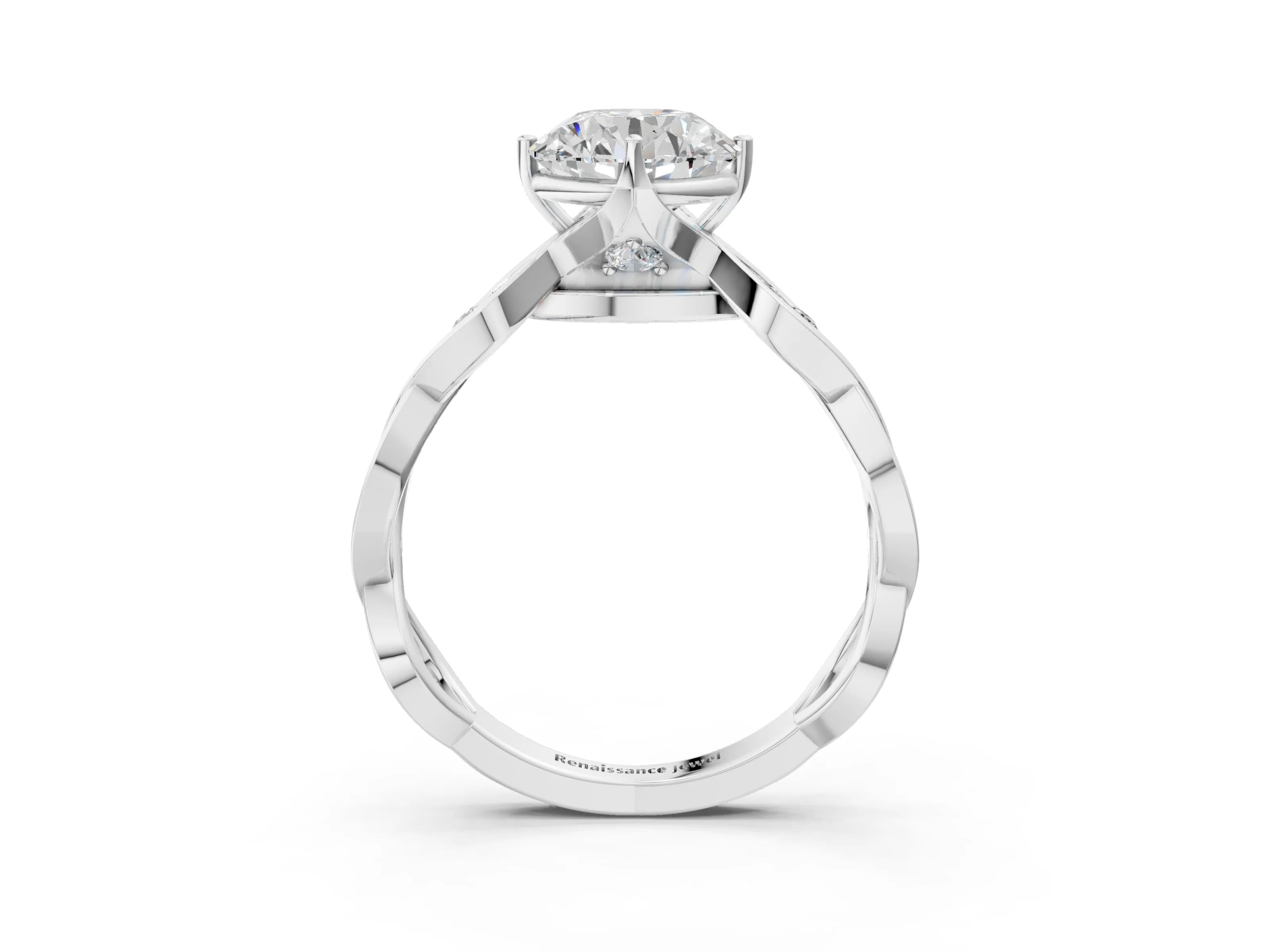 White gold Round Solitaire Twist Band with Leaf Prong Setting 4