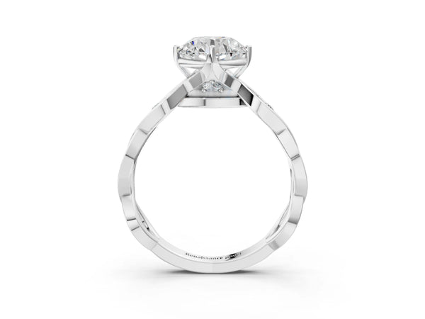 White gold Round Solitaire Twist Band with Leaf Prong Setting
