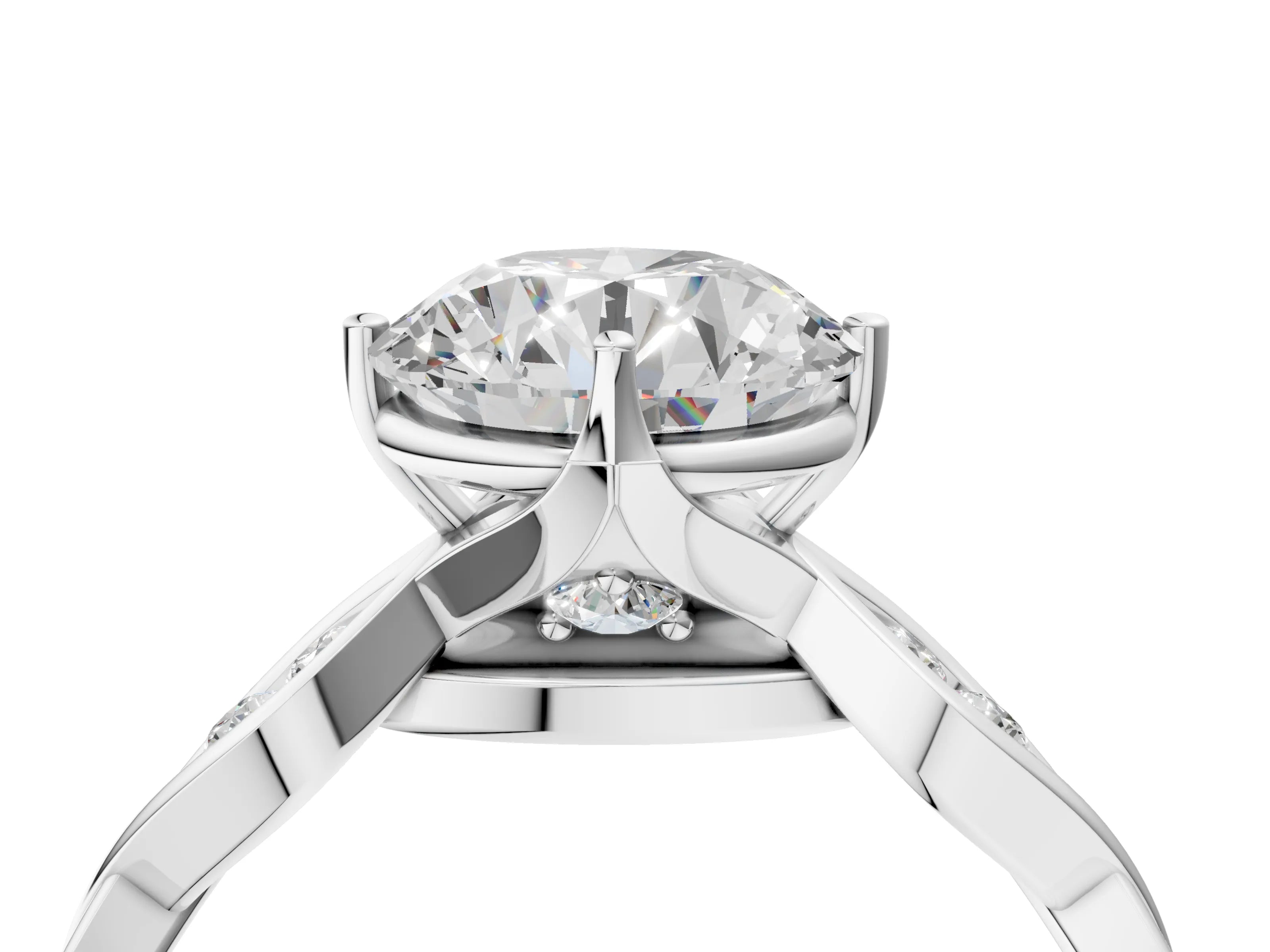 White gold Round Solitaire Twist Band with Leaf Prong Setting 5